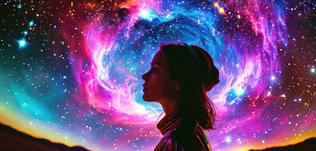 Beautiful young woman listening to music in the space. Mixed mediaの素材