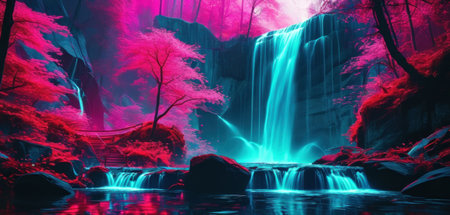 Beautiful waterfall in the forest at night with blue and pink lightの素材