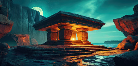 3D illustration of an ancient temple in the sea at night.の素材