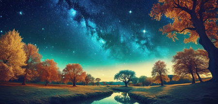 Landscape with autumn trees and milky way. Nature background.の素材