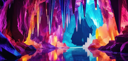 Colorful illuminated stalactites and stalagmites in a caveの素材