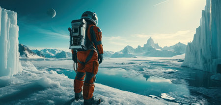 Astronaut in the space suit on the background of the glacierの素材