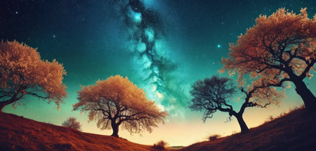 Fantasy landscape with old oak trees, starry sky and milky wayの素材
