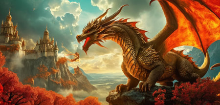 Fantasy landscape with dragon and castle. 3D illustration. 3D CG.の素材