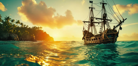 Pirate ship in the sea at sunset. 3d render.の素材