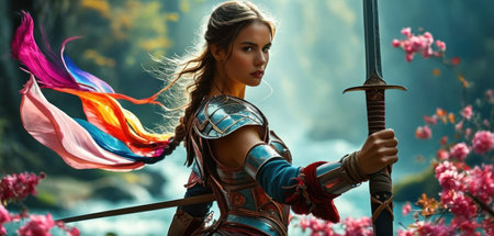 Beautiful girl knight in armor with sword in the forest. Fantasy and fantasy.の素材