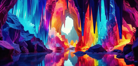 Fantasy scene of colorful stalactites and stalagmites in a caveの素材