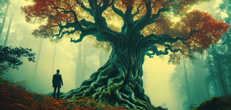 Digital composite of Man standing in front of big tree in autumn forestの素材