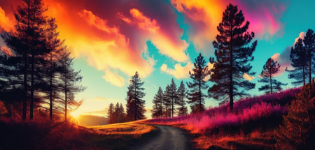 Beautiful sunset in the forest. Landscape with a road and trees.の素材