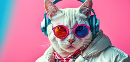 Cute white cat in headphones listening to music on pink background.の素材