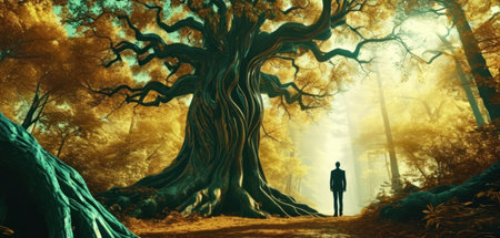 Conceptual 3D illustration of a man standing in front of a big old tree in a fantasy forestの素材