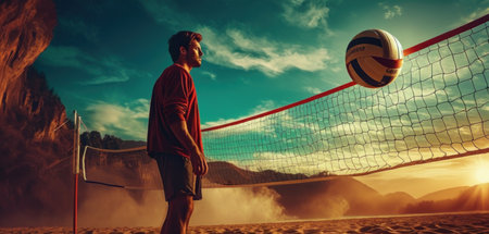 Beach Volleyball player in action at sunset. Sport concept.の素材