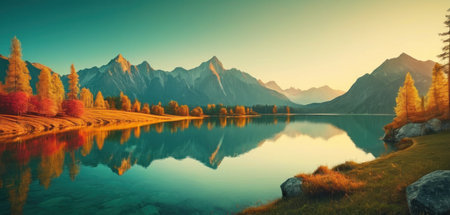 Colorful autumn landscape with lake and mountains. Panoramic view.の素材