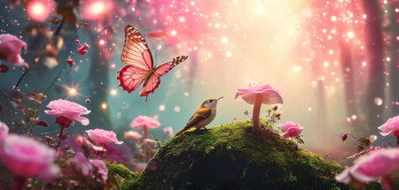 Beautiful fairy tale scene with a bird and a butterfly in the forestの素材