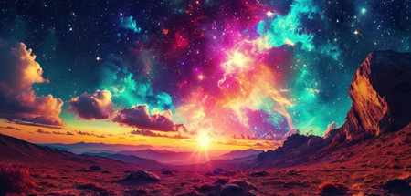 Fantasy alien planet. Mountain and nebula. 3D illustrationの素材