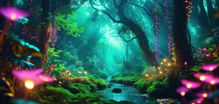 Fantasy fantasy forest with fog and light. 3d rendering.の素材