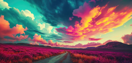 Beautiful sunset over blooming purple lavender field. Dramatic sky.の素材