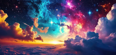 Fantasy space background. Sun, clouds and stars. 3D illustrationの素材