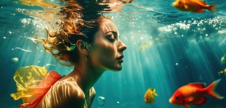 Beautiful young woman swimming underwater with fish in the ocean. 3d renderingの素材