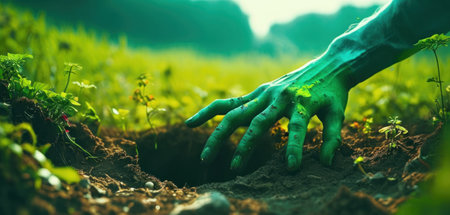 Hands of a man planting a seedling in the ground.の素材