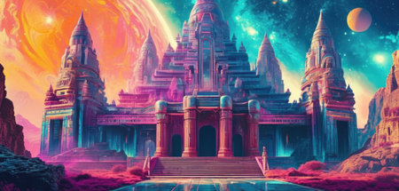 Fantasy landscape with ancient temple on the background of the planet.の素材