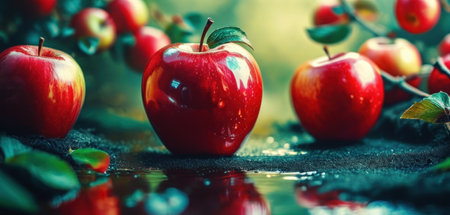 Fresh red apples with leaves and water drops on wooden table. Selective focusの素材
