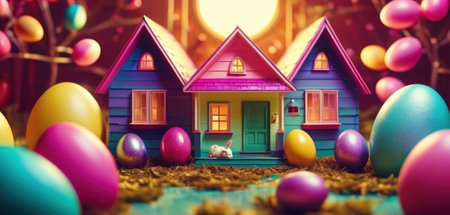 Easter composition with colorful eggs and houses. 3d illustration.の素材