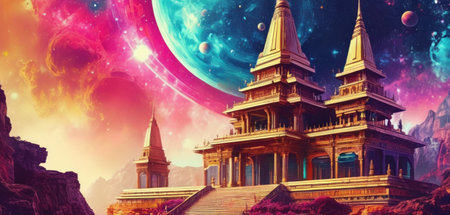 Mystical temple in the mountains. 3D rendering. Fantasy planet.の素材