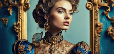 Portrait of a beautiful young woman with elegant hairstyle and make-up. Vintage style.の素材