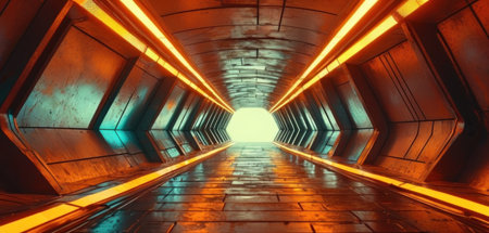 Futuristic tunnel corridor with glowing lights. 3d render illustrationの素材