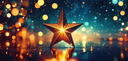 Christmas star on bokeh background. 3d rendering toned imageの素材