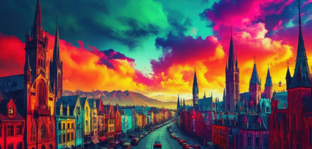 Panoramic view of the old town in Ghent, Belgium.の素材