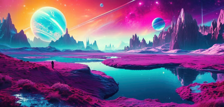 Fantasy alien planet. Mountain and lake. 3D illustration.の素材