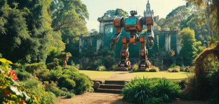 Digital composite of Robot in the park with green plants and trees.の素材
