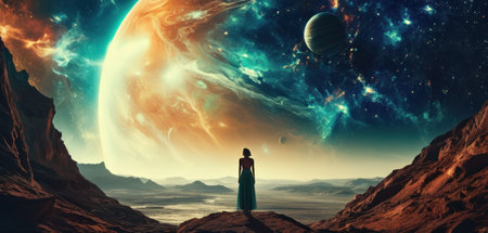 Woman in green dress standing on the edge of an alien planet.の素材