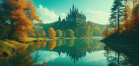 Fantasy landscape with castle in autumn forest and lake. 3d renderingの素材