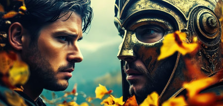 Portrait of two men in the autumn forest. The concept of Halloween.の素材