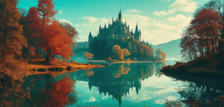 Beautiful panoramic view of the castle on the lake.の素材