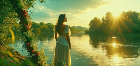 Beautiful young woman in a white dress on the background of the river and sunsetの素材