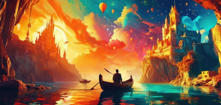 Fantasy landscape with a man in a boat and a castle.の素材