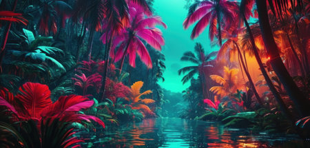 Tropical jungle with palm trees and water. 3d renderの素材