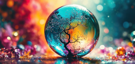 Crystal ball with tree and colorful bokeh background. 3D renderingの素材