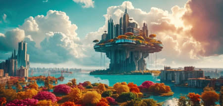 3D rendering of a futuristic city in the middle of the lakeの素材