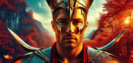 3D rendering of a fantasy warrior with a sword in his handの素材