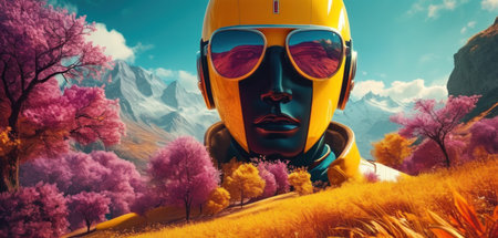 Cyborg in the mountains. 3D illustration. 3D rendering.の素材