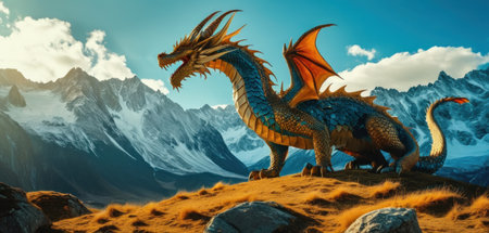 Fantasy dragon on the mountain. 3D illustration and 3D rendering.の素材