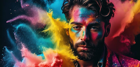 Portrait of a handsome young man with colorful paint splashes.の素材