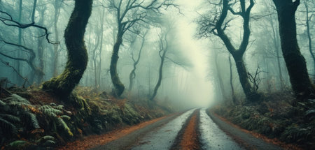 Foggy road in the woods. Panoramic image.の素材