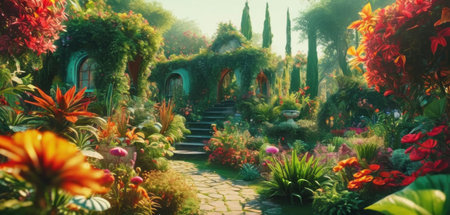 Beautiful view of the garden in the morning. Panoramic photo.の素材