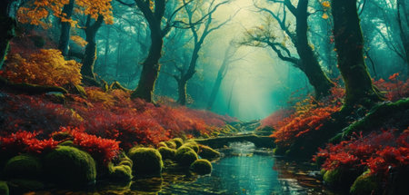 Autumn forest with river and fog. Colorful autumn trees in the forestの素材
